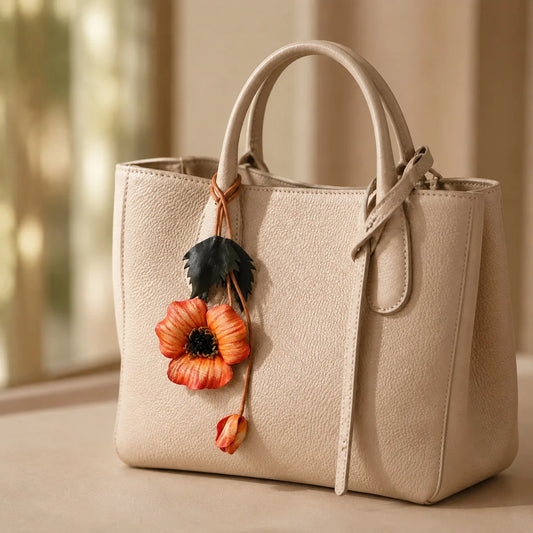 Hand-Painted Leather Poppy Flower Bag Charm with Botanical Leaves and Artistic Floral Detail for Elegant Handbags