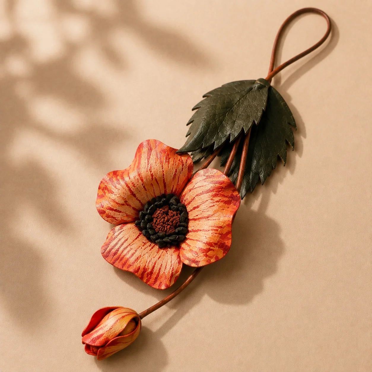 Hand-Painted Leather Poppy Flower Bag Charm with Botanical Leaves and Artistic Floral Detail for Elegant Handbags