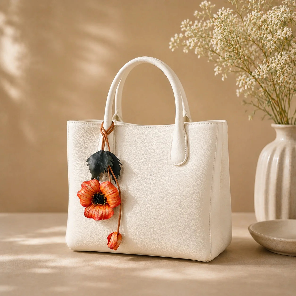 Hand-Painted Leather Poppy Flower Bag Charm with Botanical Leaves and Artistic Floral Detail for Elegant Handbags