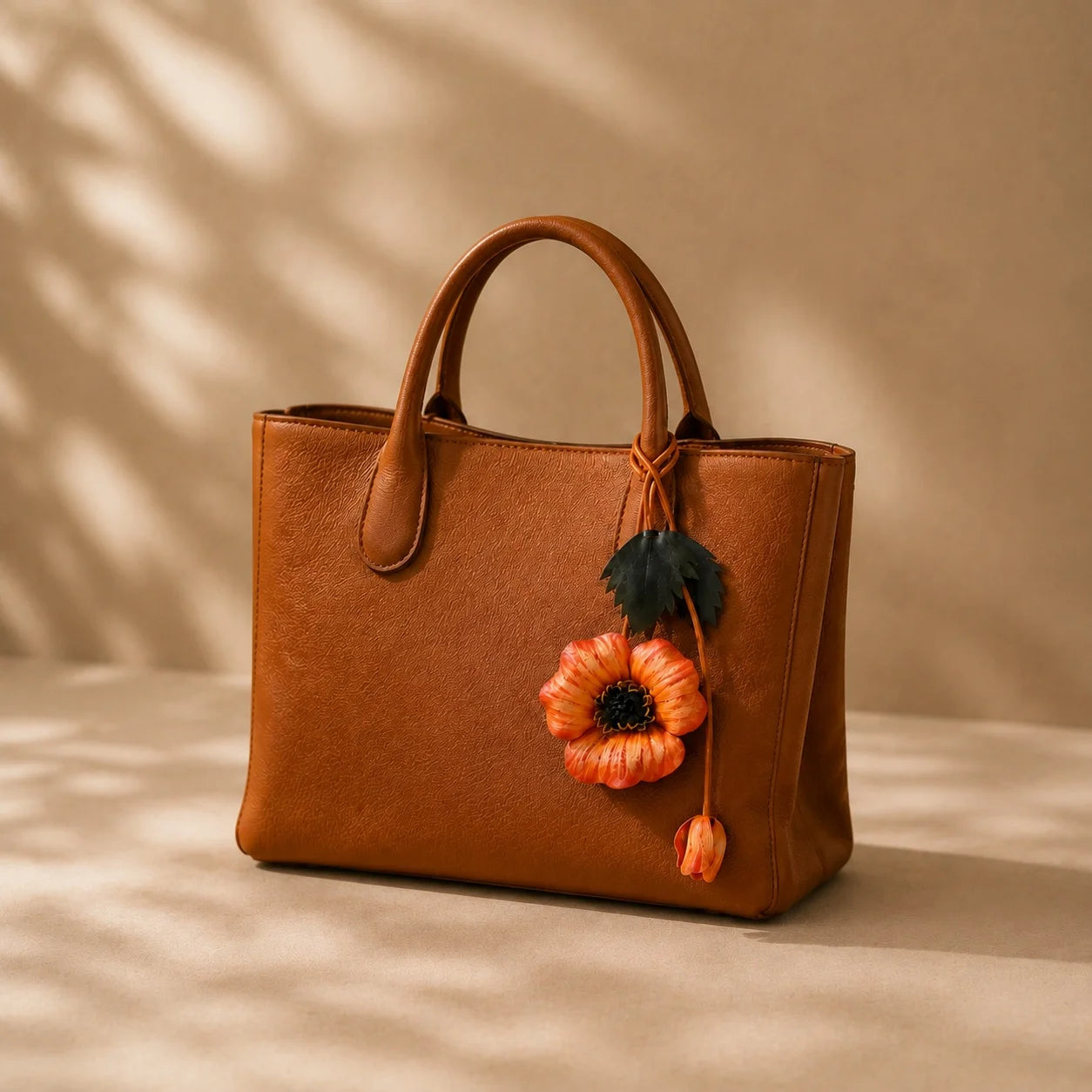 Hand-Painted Leather Poppy Flower Bag Charm with Botanical Leaves and Artistic Floral Detail for Elegant Handbags