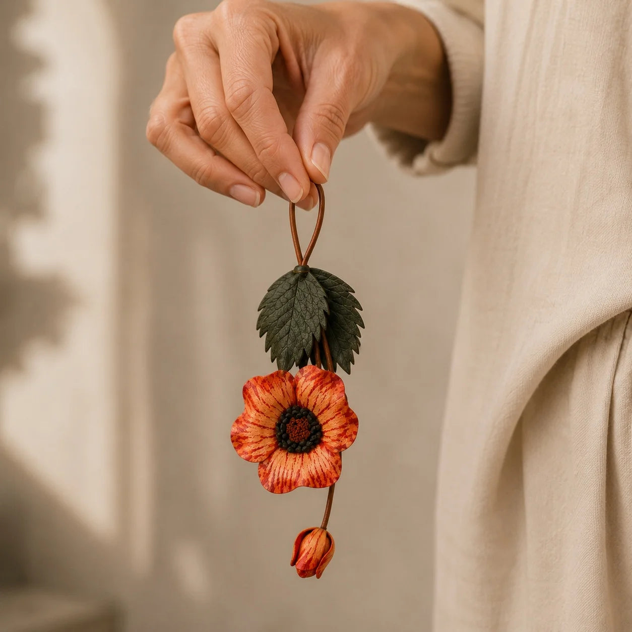Hand-Painted Leather Poppy Flower Bag Charm with Botanical Leaves and Artistic Floral Detail for Elegant Handbags