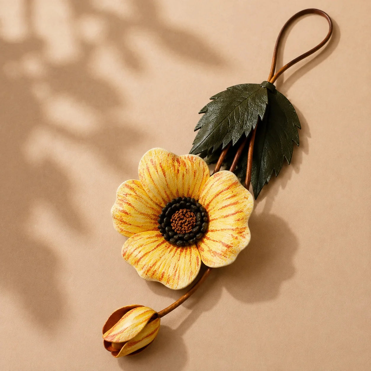 Hand-Painted Leather Poppy Flower Bag Charm with Botanical Leaves and Artistic Floral Detail for Elegant Handbags