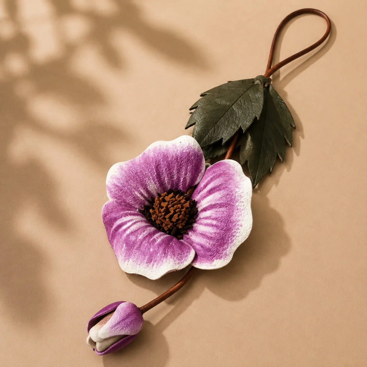 Hand-Painted Leather Poppy Flower Bag Charm with Botanical Leaves and Artistic Floral Detail for Elegant Handbags