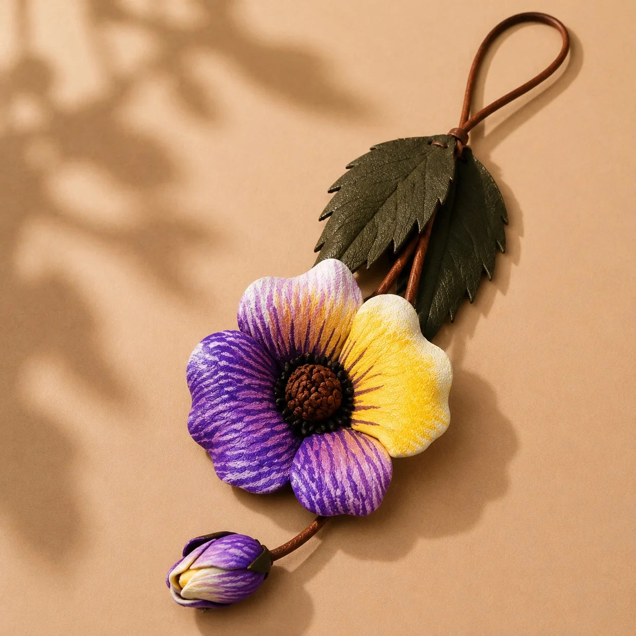 Hand-Painted Leather Poppy Flower Bag Charm with Botanical Leaves and Artistic Floral Detail for Elegant Handbags