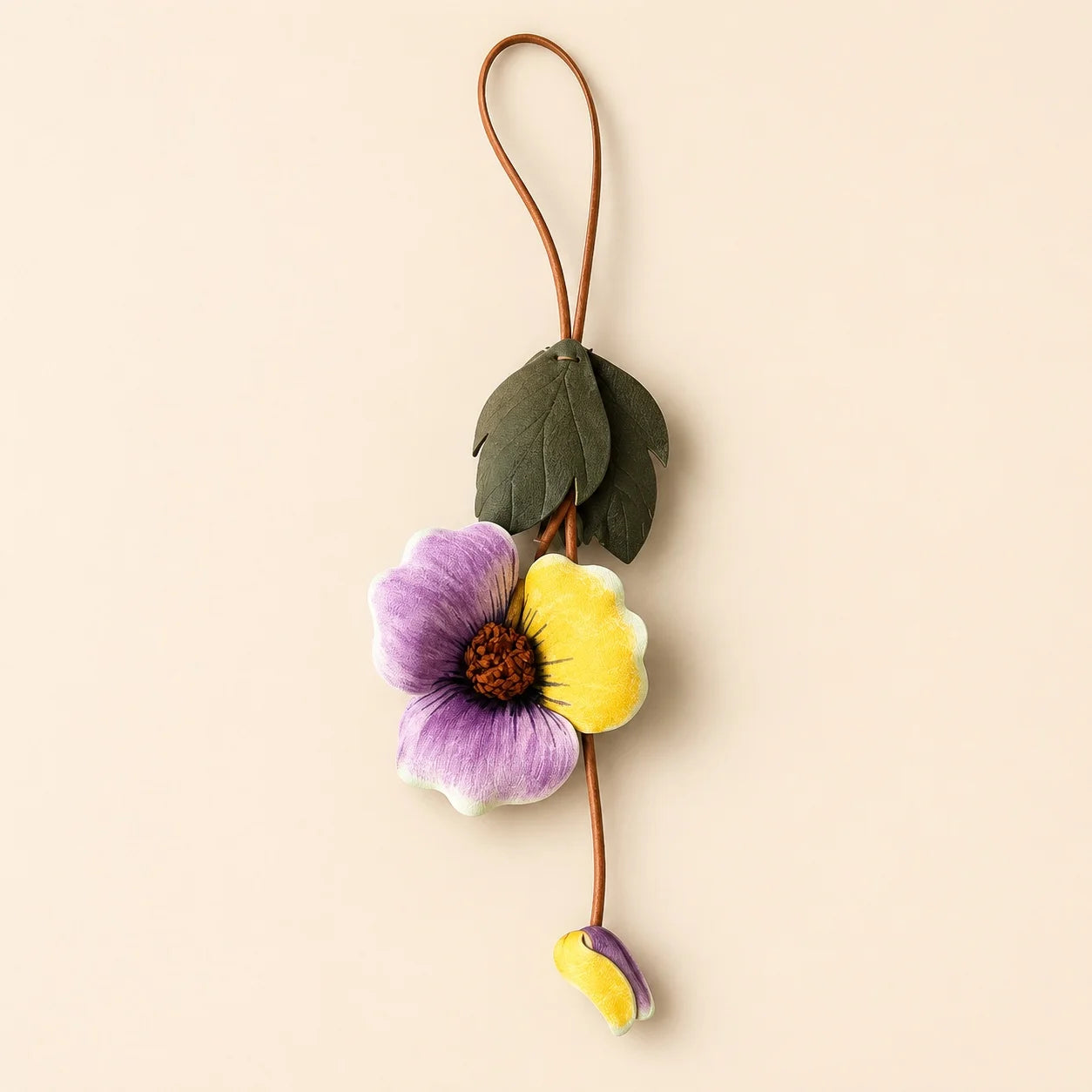 Hand-Painted Leather Poppy Flower Bag Charm with Botanical Leaves and Artistic Floral Detail for Elegant Handbags