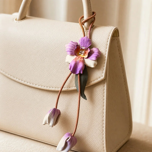 Hand-Painted Purple Orchid Leather Bag Charm with Sculpted Bloom, Trailing Buds and Botanical Leaves for Small and Medium Structured Handbags