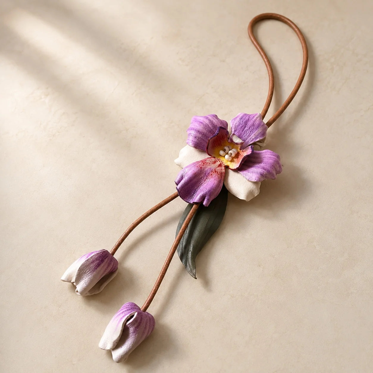 Hand-Painted Purple Orchid Leather Bag Charm with Sculpted Bloom, Trailing Buds and Botanical Leaves for Small and Medium Structured Handbags