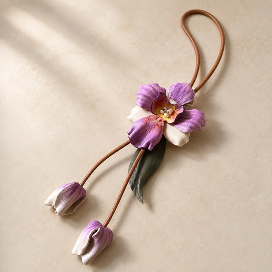 Hand-Painted Purple Orchid Leather Bag Charm with Sculpted Bloom, Trailing Buds and Botanical Leaves for Small and Medium Structured Handbags