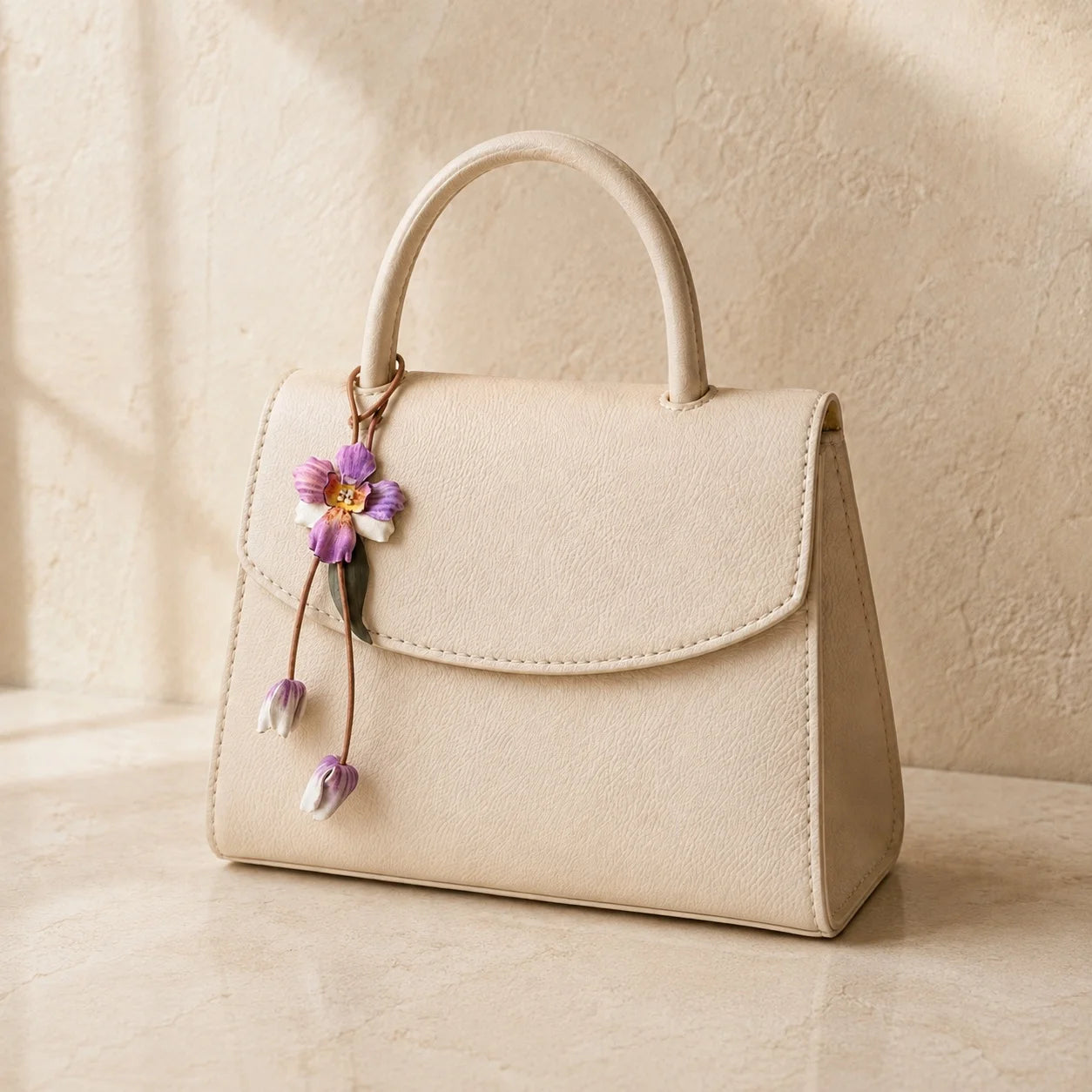 Hand-Painted Purple Orchid Leather Bag Charm with Sculpted Bloom, Trailing Buds and Botanical Leaves for Small and Medium Structured Handbags
