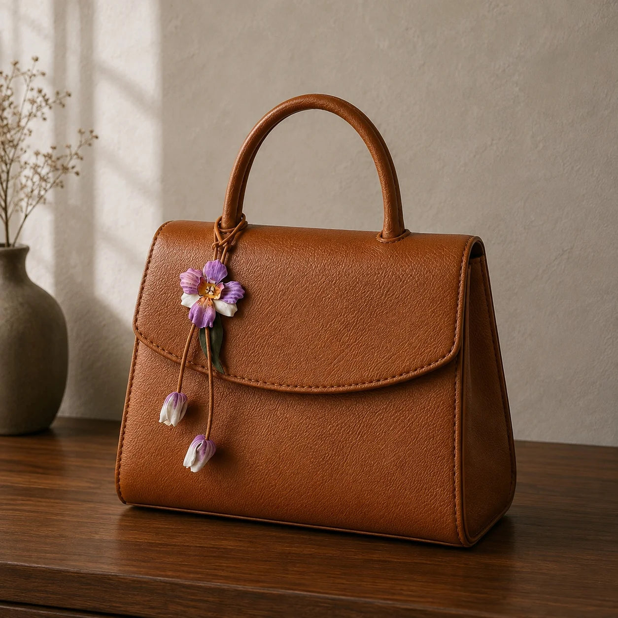 Hand-Painted Purple Orchid Leather Bag Charm with Sculpted Bloom, Trailing Buds and Botanical Leaves for Small and Medium Structured Handbags