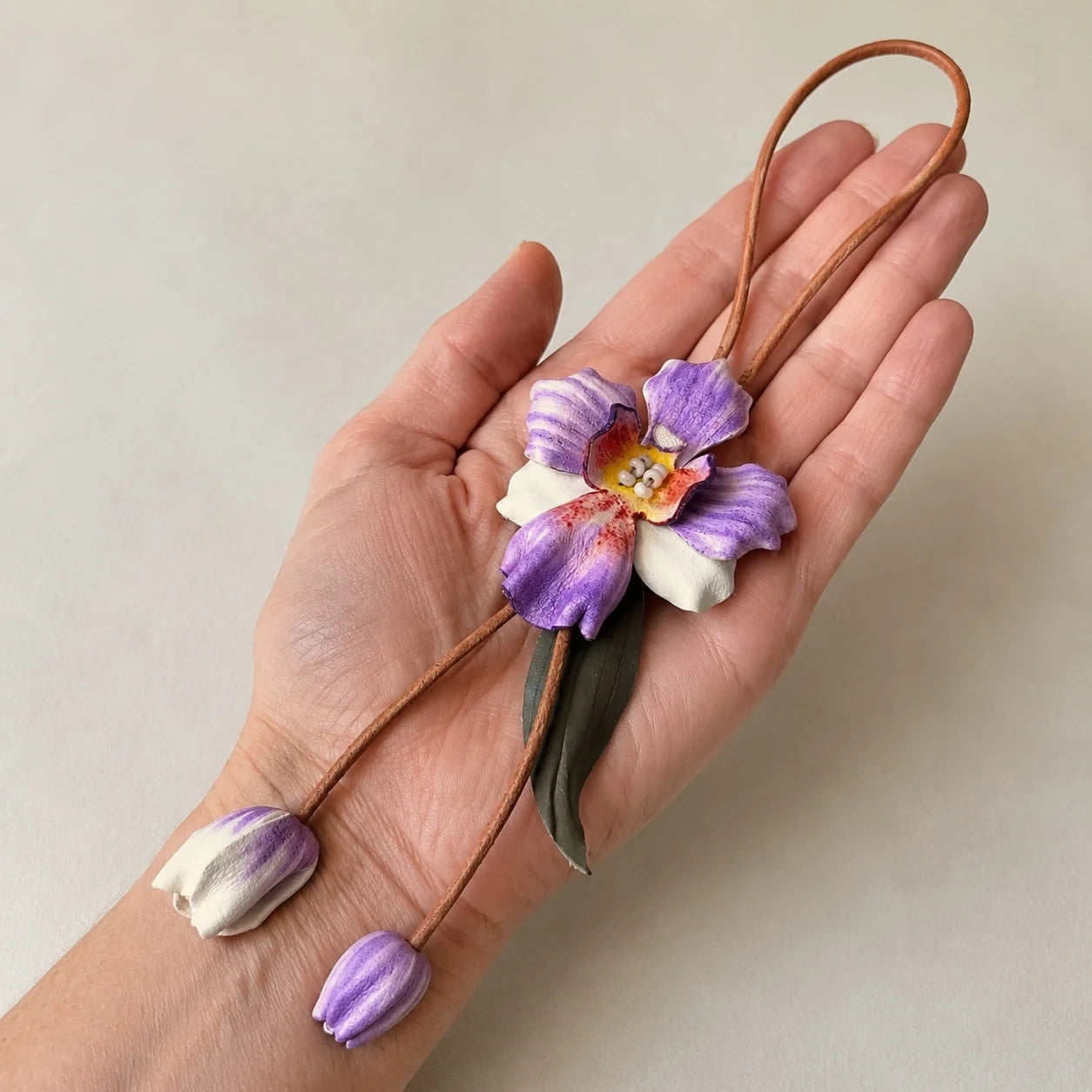 Hand-Painted Purple Orchid Leather Bag Charm with Sculpted Bloom, Trailing Buds and Botanical Leaves for Small and Medium Structured Handbags