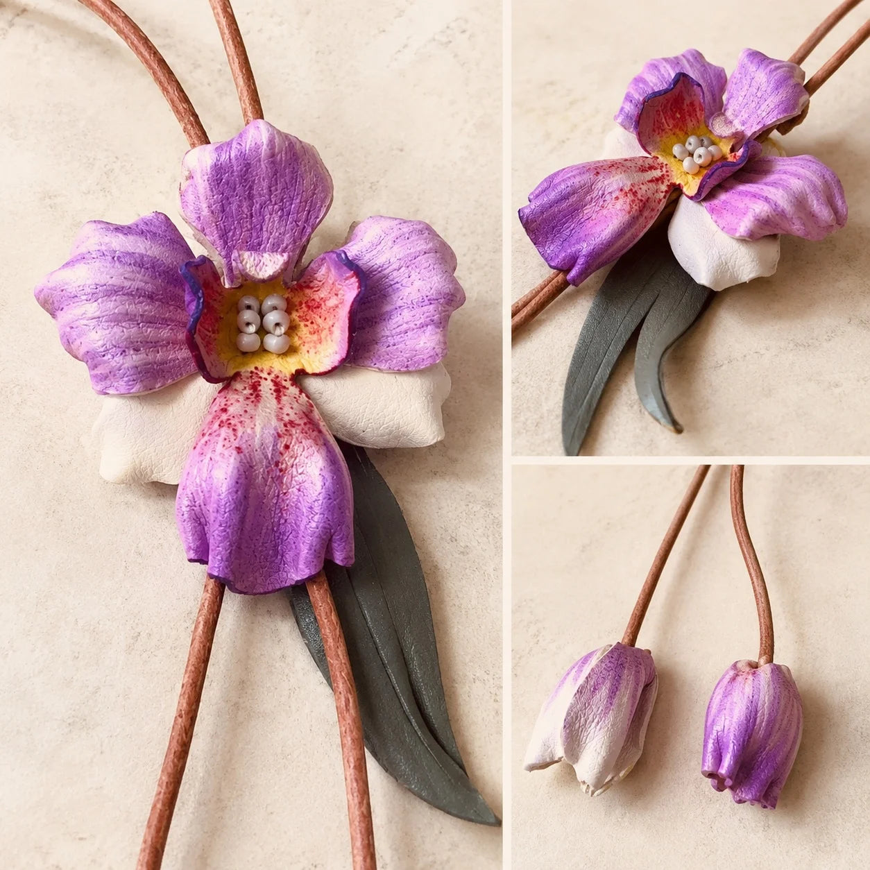 Hand-Painted Purple Orchid Leather Bag Charm with Sculpted Bloom, Trailing Buds and Botanical Leaves for Small and Medium Structured Handbags