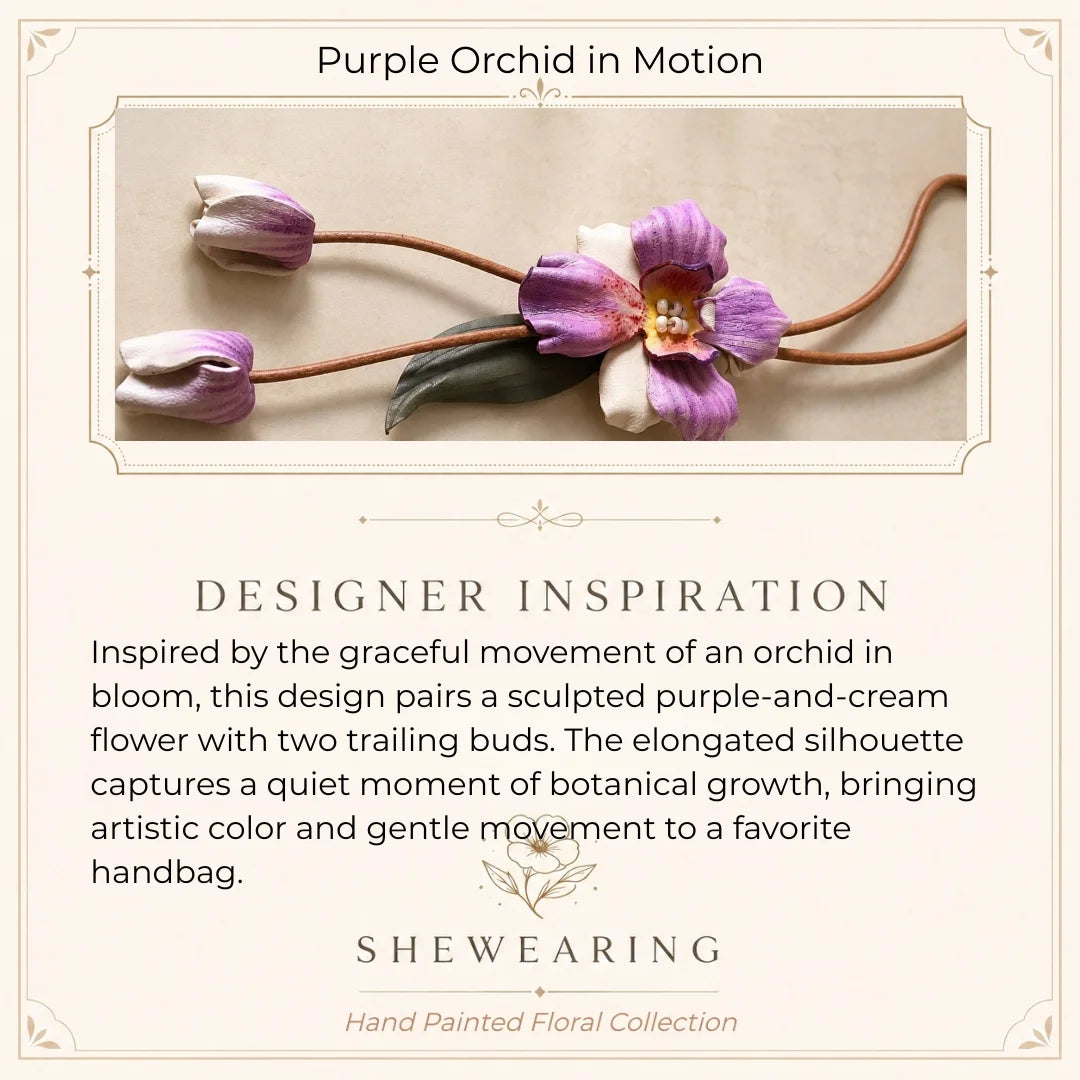Hand-Painted Purple Orchid Leather Bag Charm with Sculpted Bloom, Trailing Buds and Botanical Leaves for Small and Medium Structured Handbags