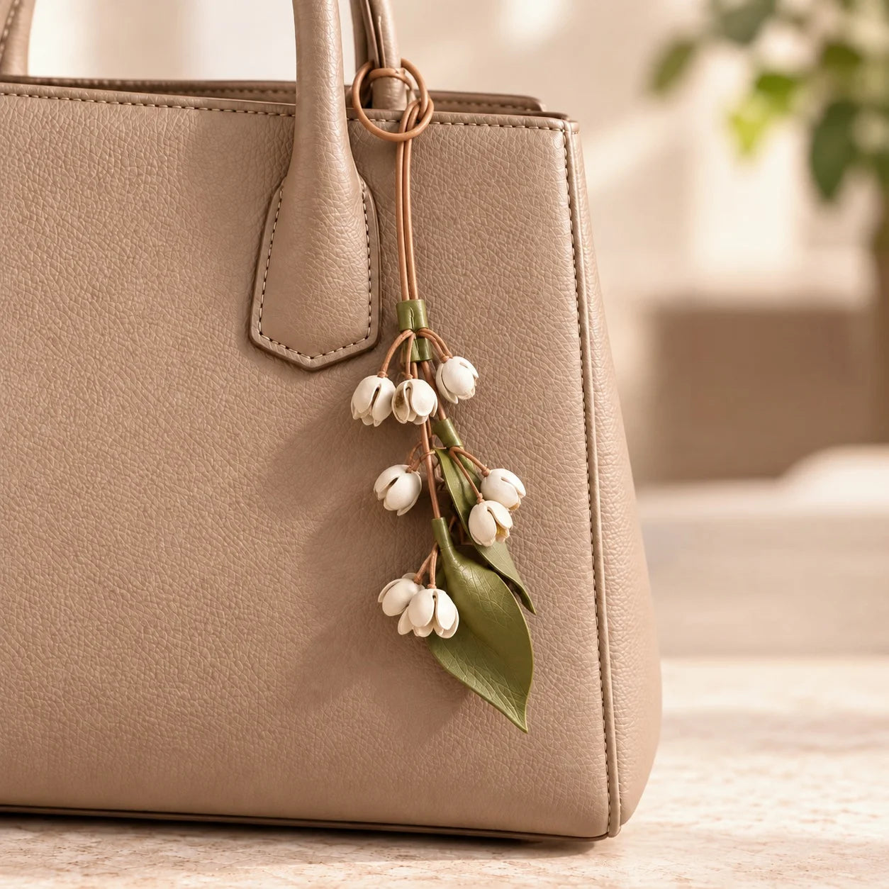 Handcrafted Leather Jasmine Bud Botanical Bag Charm with Sculpted Floral Sprigs, Adjustable Loop and Quiet Garden-Inspired Detail for Handbags and Totes