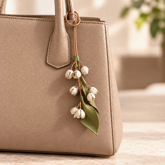 Colgante Botánico Artesanal de Piel con Capullo de Jazmín, Adornos Florales Esculpidos, Asa Ajustable y Detalles Inspirados en un Jardín Tranquilo para Bolsos de Mano y Bolsas de Compras