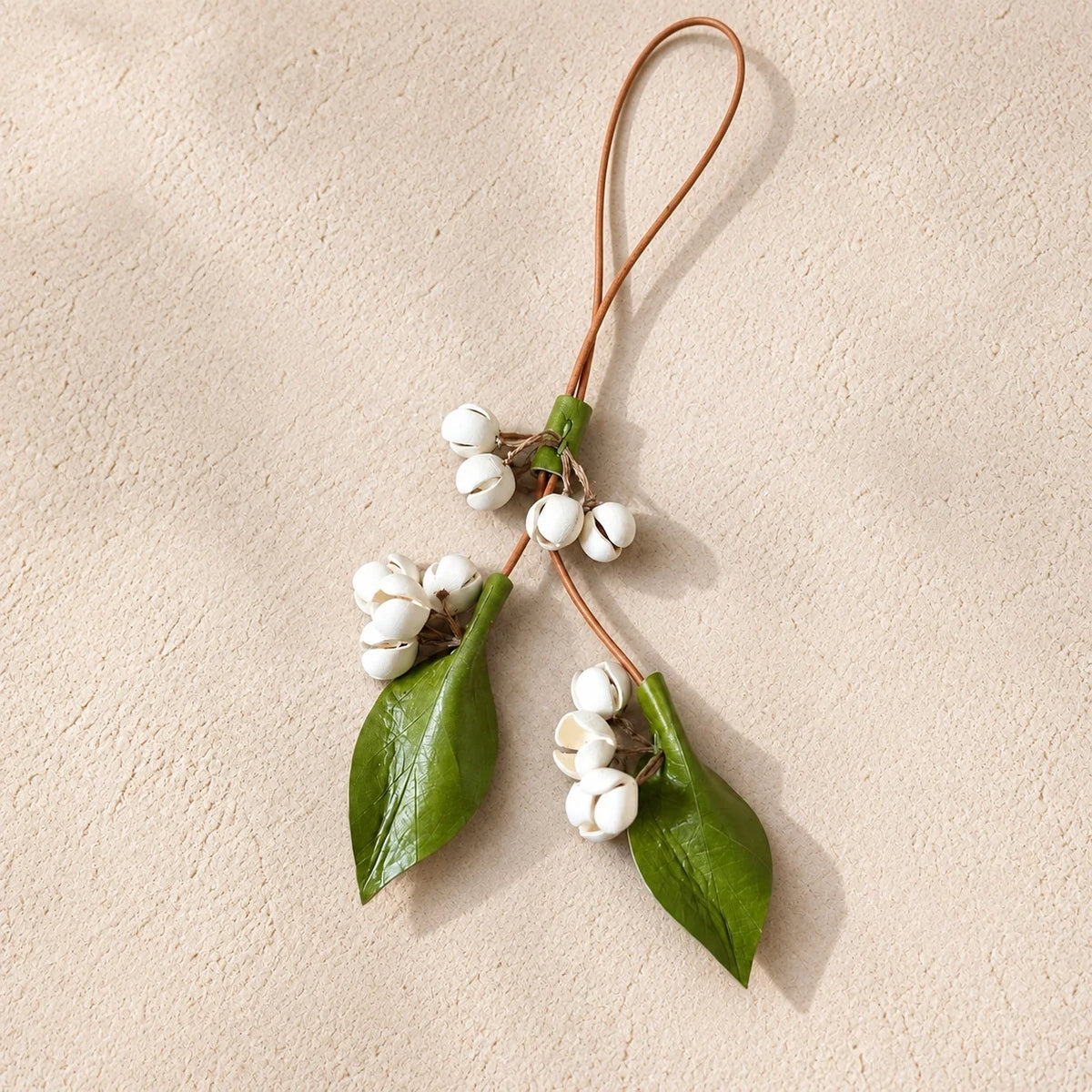Handcrafted Leather Jasmine Bud Botanical Bag Charm with Sculpted Floral Sprigs, Adjustable Loop and Quiet Garden-Inspired Detail for Handbags and Totes