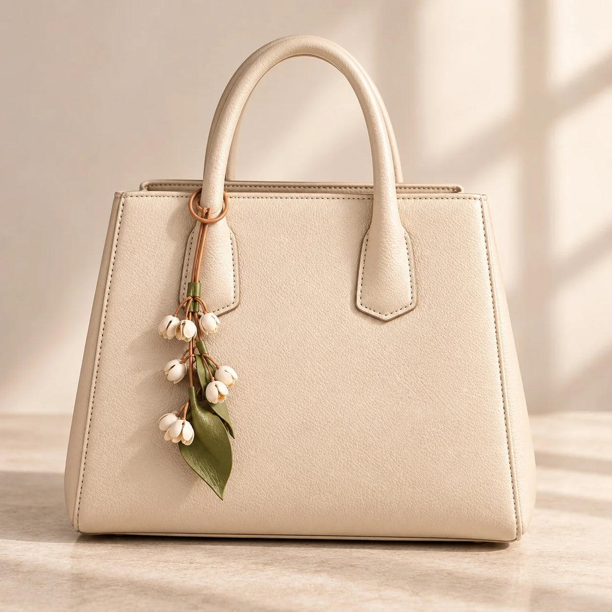 Handcrafted Leather Jasmine Bud Botanical Bag Charm with Sculpted Floral Sprigs, Adjustable Loop and Quiet Garden-Inspired Detail for Handbags and Totes