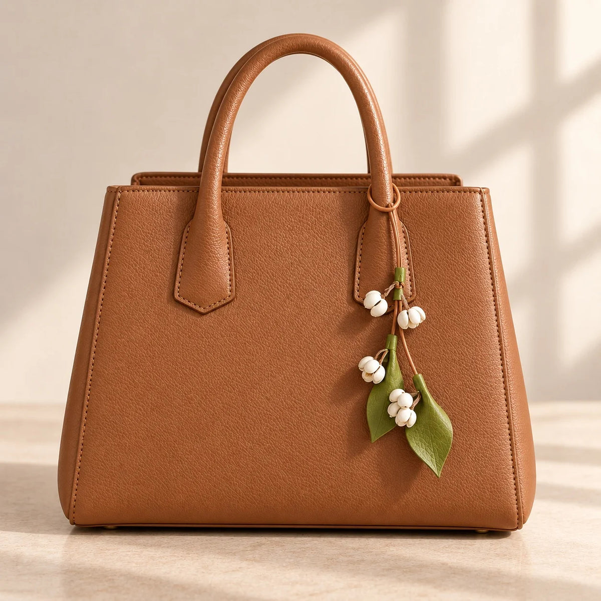 Handcrafted Leather Jasmine Bud Botanical Bag Charm with Sculpted Floral Sprigs, Adjustable Loop and Quiet Garden-Inspired Detail for Handbags and Totes