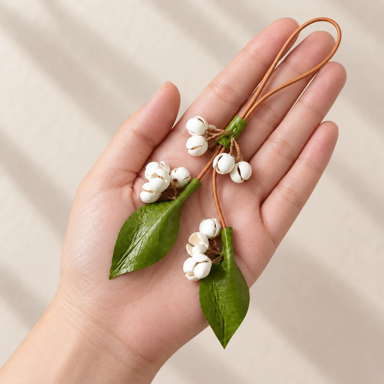 Handcrafted Leather Jasmine Bud Botanical Bag Charm with Sculpted Floral Sprigs, Adjustable Loop and Quiet Garden-Inspired Detail for Handbags and Totes