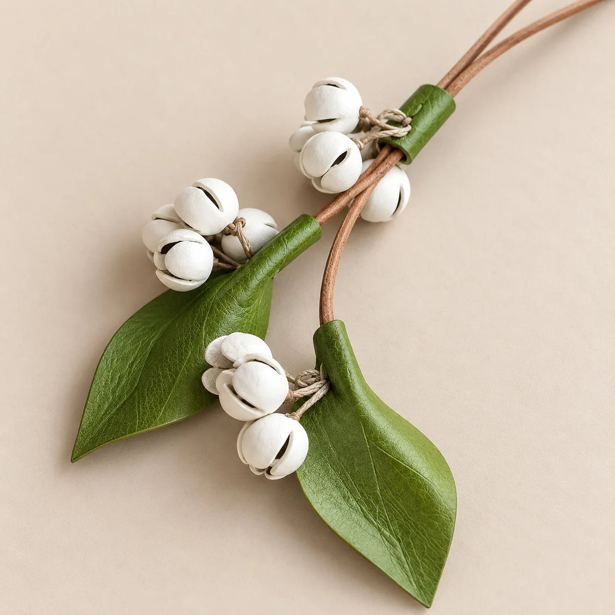 Handcrafted Leather Jasmine Bud Botanical Bag Charm with Sculpted Floral Sprigs, Adjustable Loop and Quiet Garden-Inspired Detail for Handbags and Totes