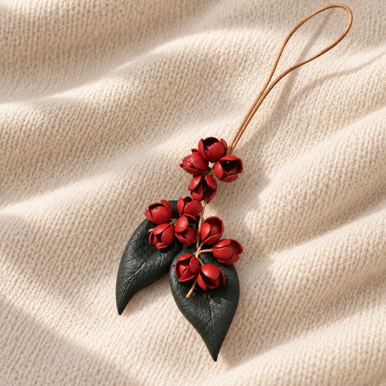 Handcrafted Leather Jasmine Bud Botanical Bag Charm with Sculpted Floral Sprigs, Adjustable Loop and Quiet Garden-Inspired Detail for Handbags and Totes