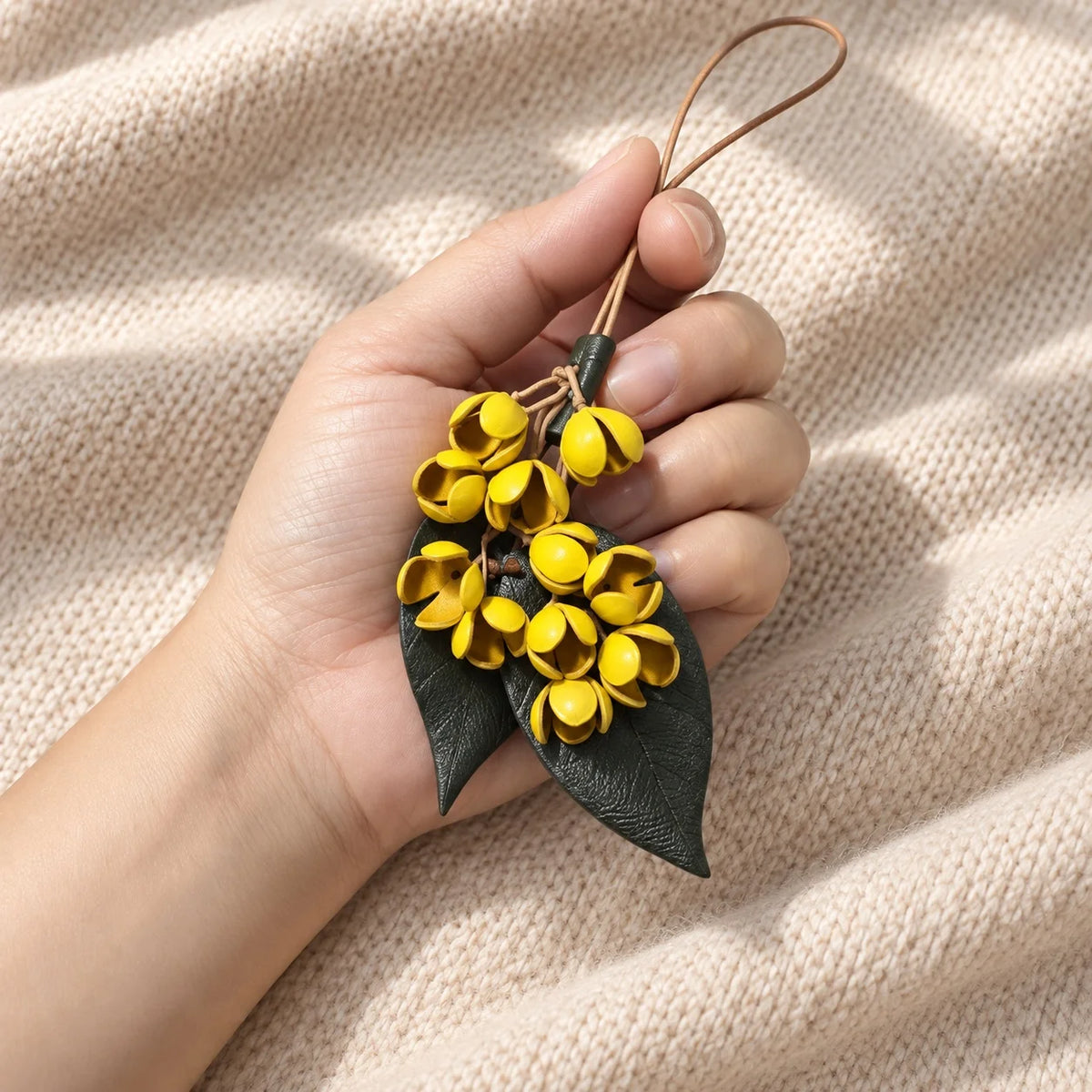 Handcrafted Leather Jasmine Bud Botanical Bag Charm with Sculpted Floral Sprigs, Adjustable Loop and Quiet Garden-Inspired Detail for Handbags and Totes