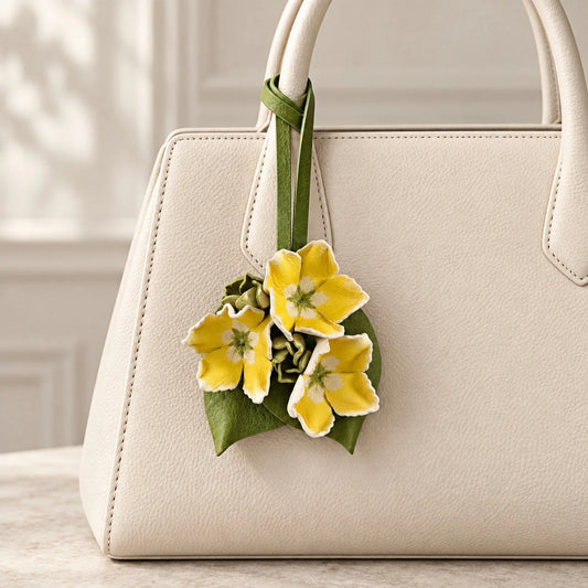 Close-up of a three-flower yellow leather bag charm looped around the handle of a cream structured handbag.