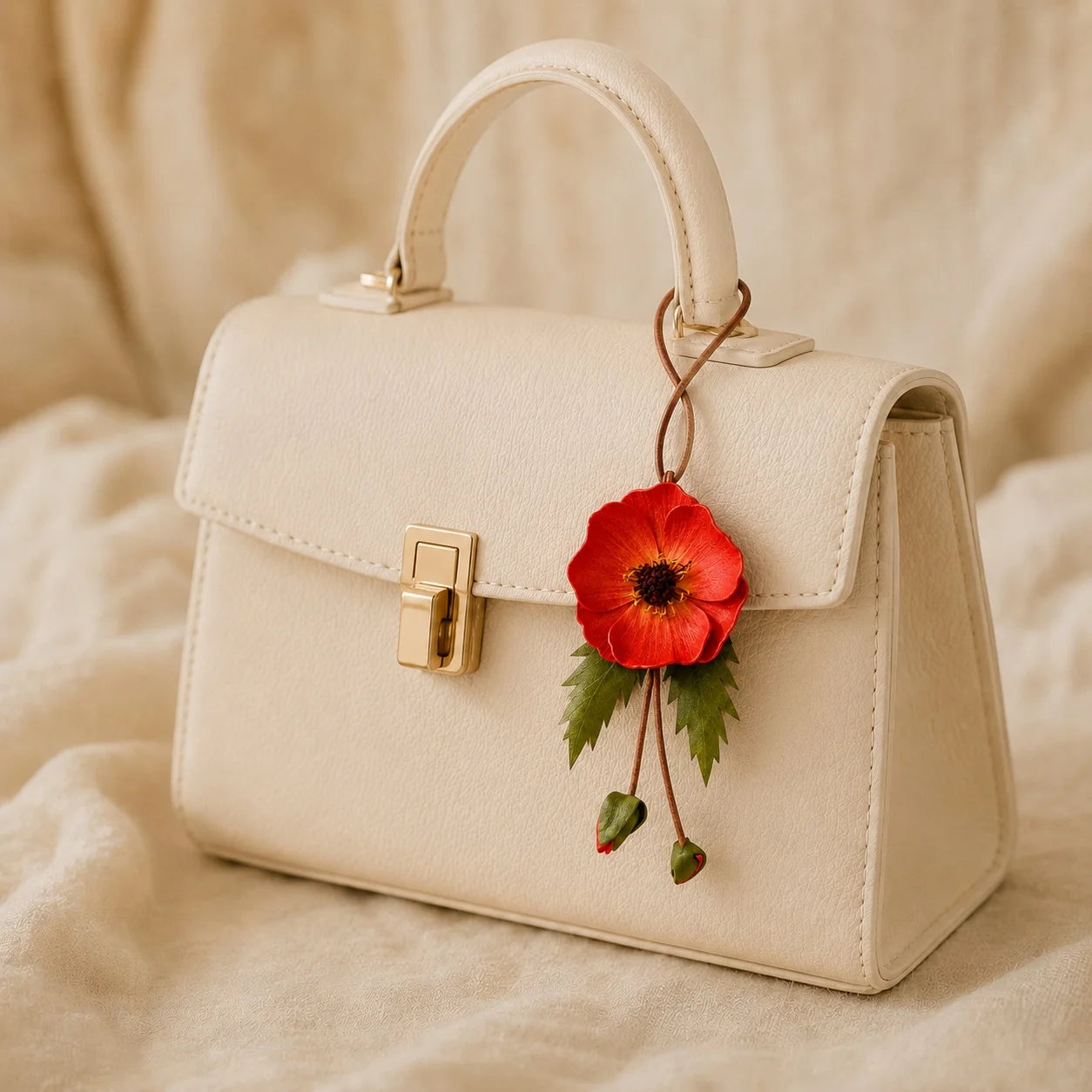 Hand-Painted Red Poppy Leather Bag Charm, Unique Floral Handbag Accessory Gift for Her