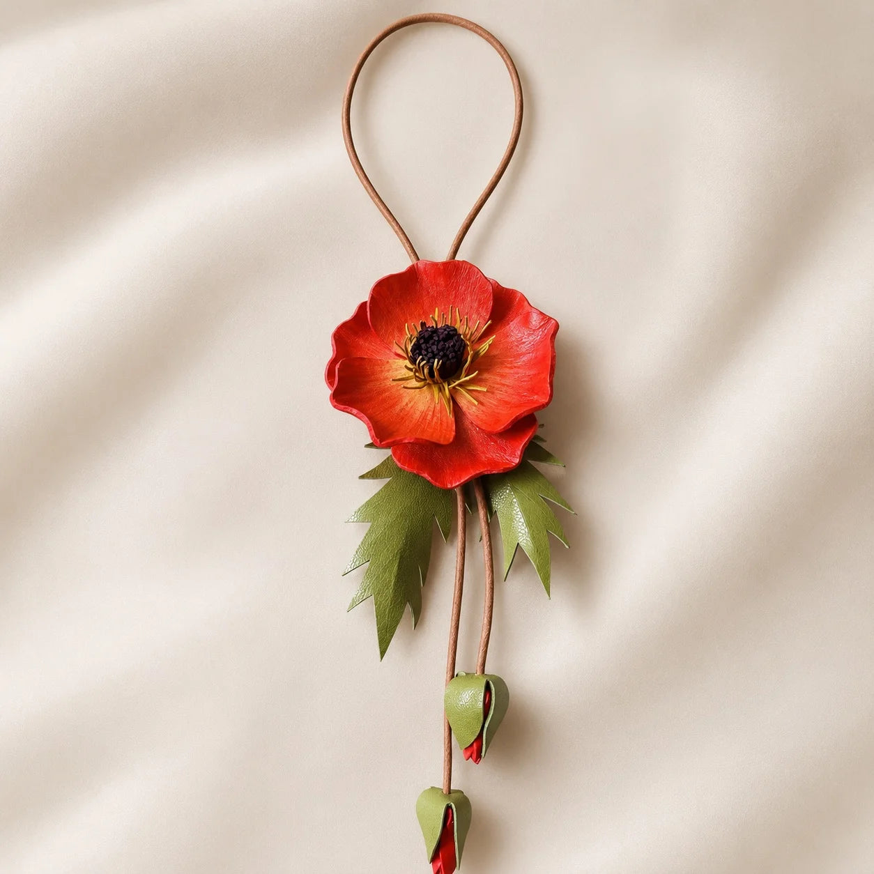 Hand-Painted Red Poppy Leather Bag Charm, Unique Floral Handbag Accessory Gift for Her