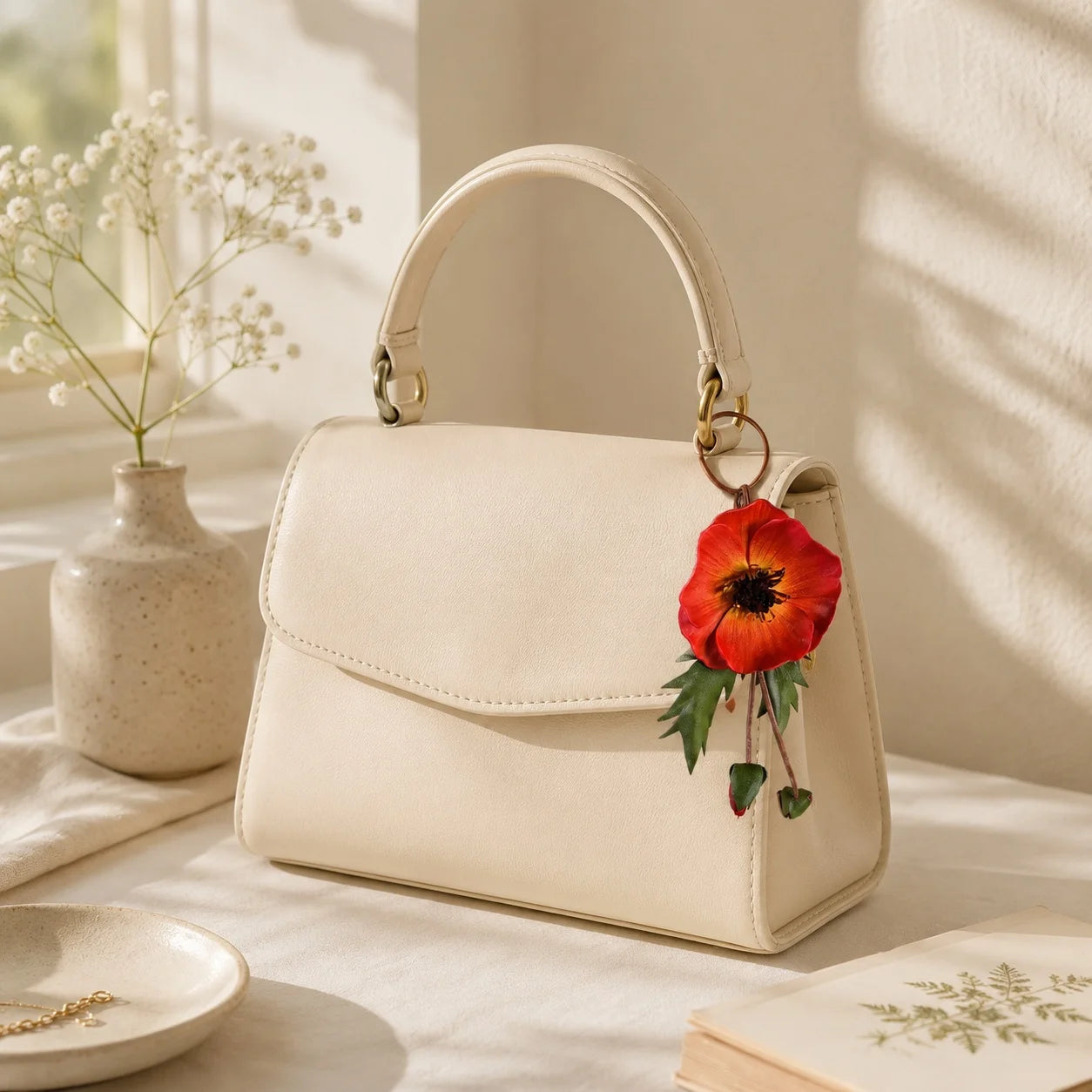 Hand-Painted Red Poppy Leather Bag Charm, Unique Floral Handbag Accessory Gift for Her