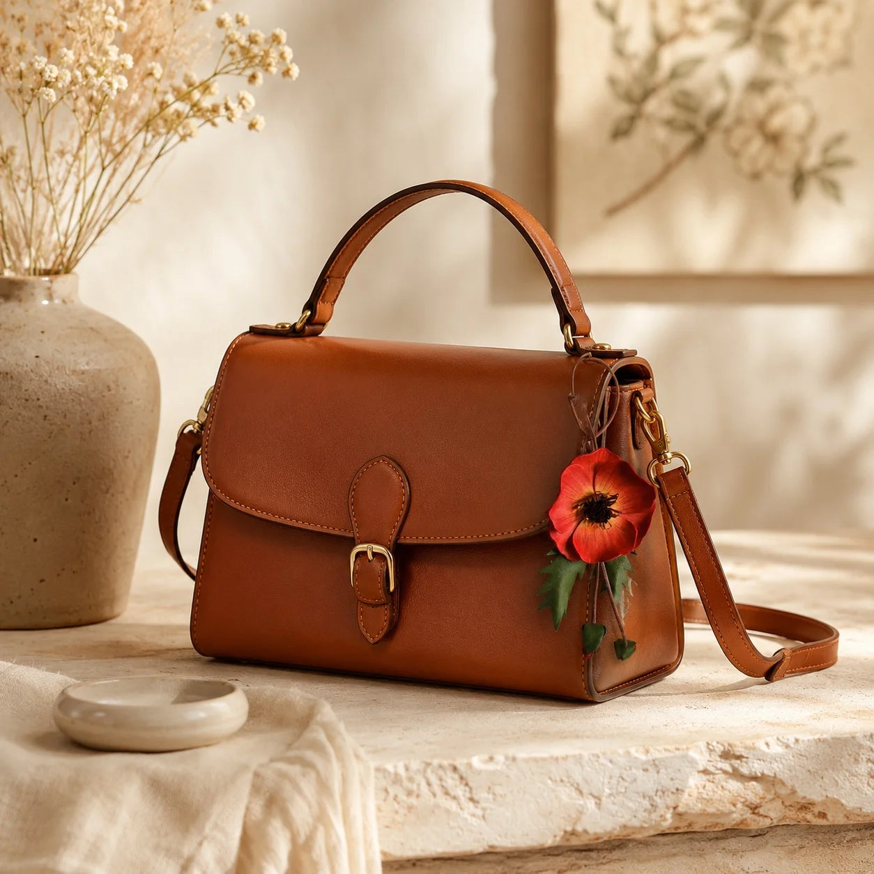 Hand-Painted Red Poppy Leather Bag Charm, Unique Floral Handbag Accessory Gift for Her