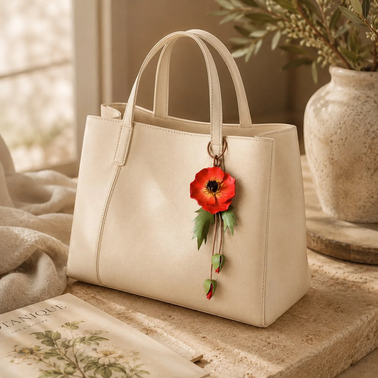 Hand-Painted Red Poppy Leather Bag Charm, Unique Floral Handbag Accessory Gift for Her