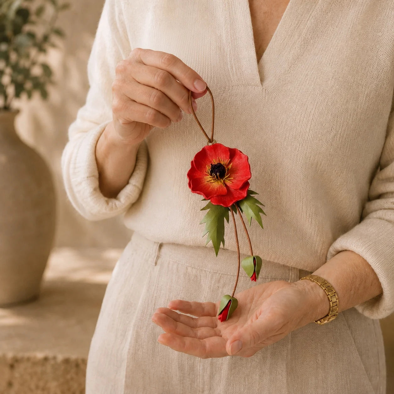 Hand-Painted Red Poppy Leather Bag Charm, Unique Floral Handbag Accessory Gift for Her