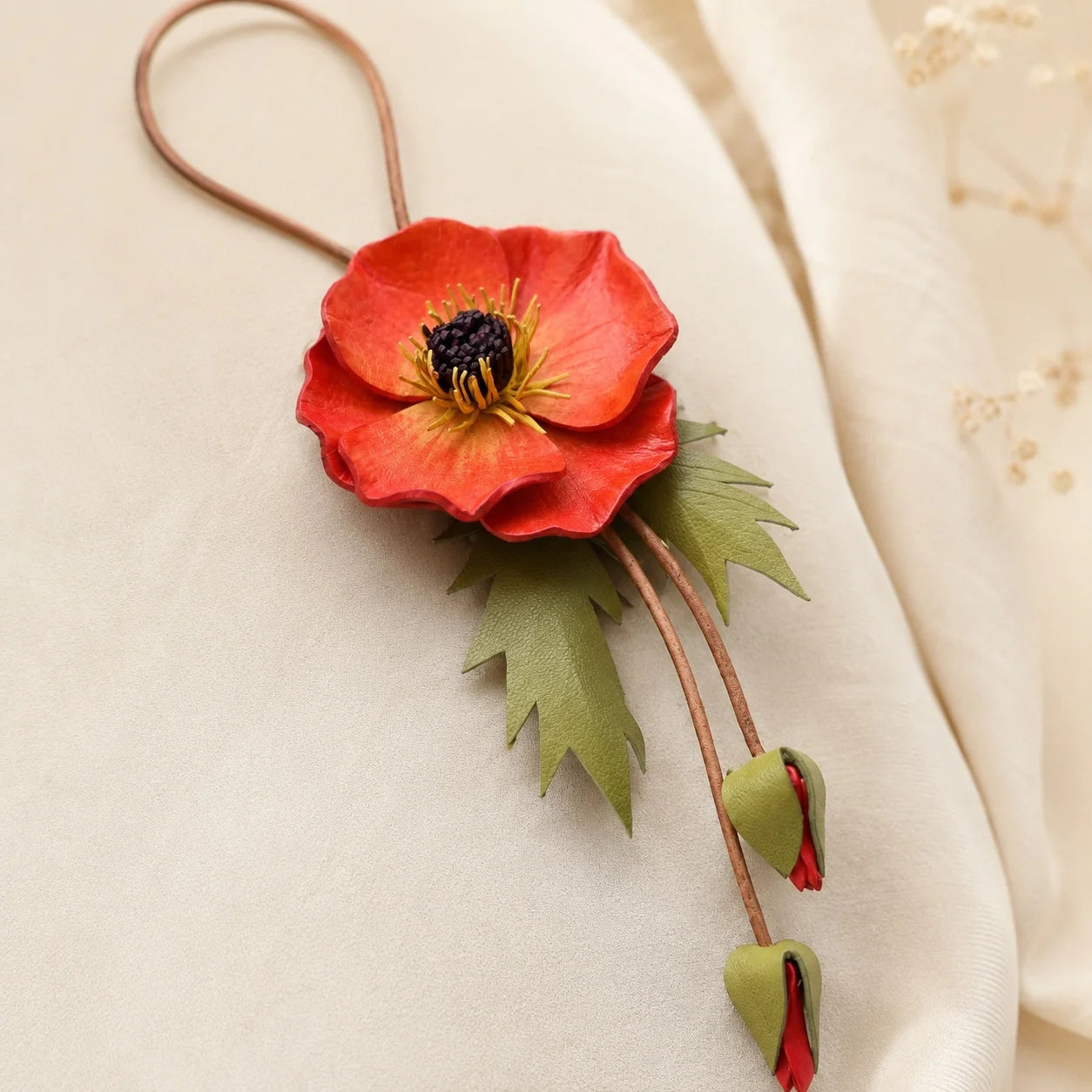Hand-Painted Red Poppy Leather Bag Charm, Unique Floral Handbag Accessory Gift for Her