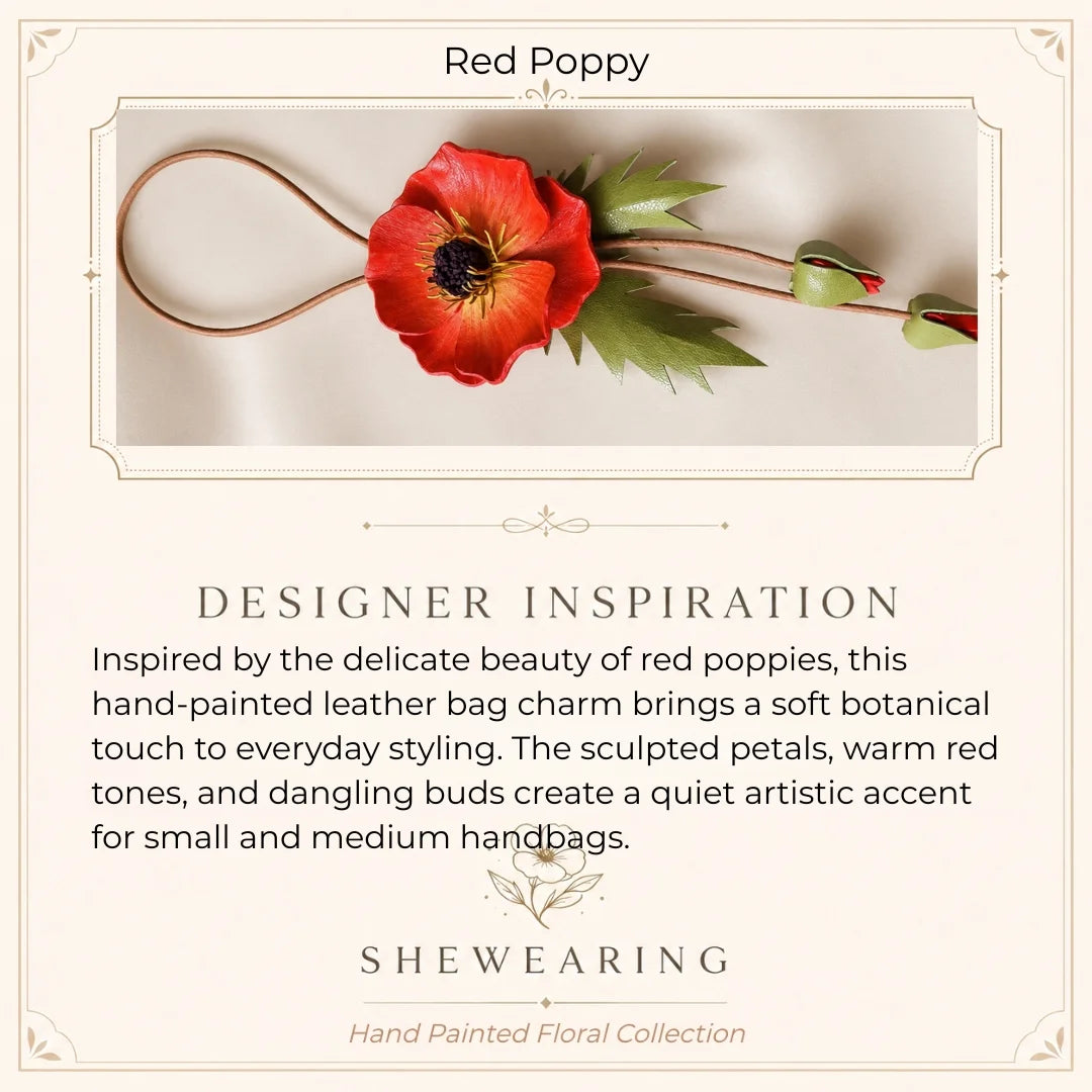 Hand-Painted Red Poppy Leather Bag Charm, Unique Floral Handbag Accessory Gift for Her