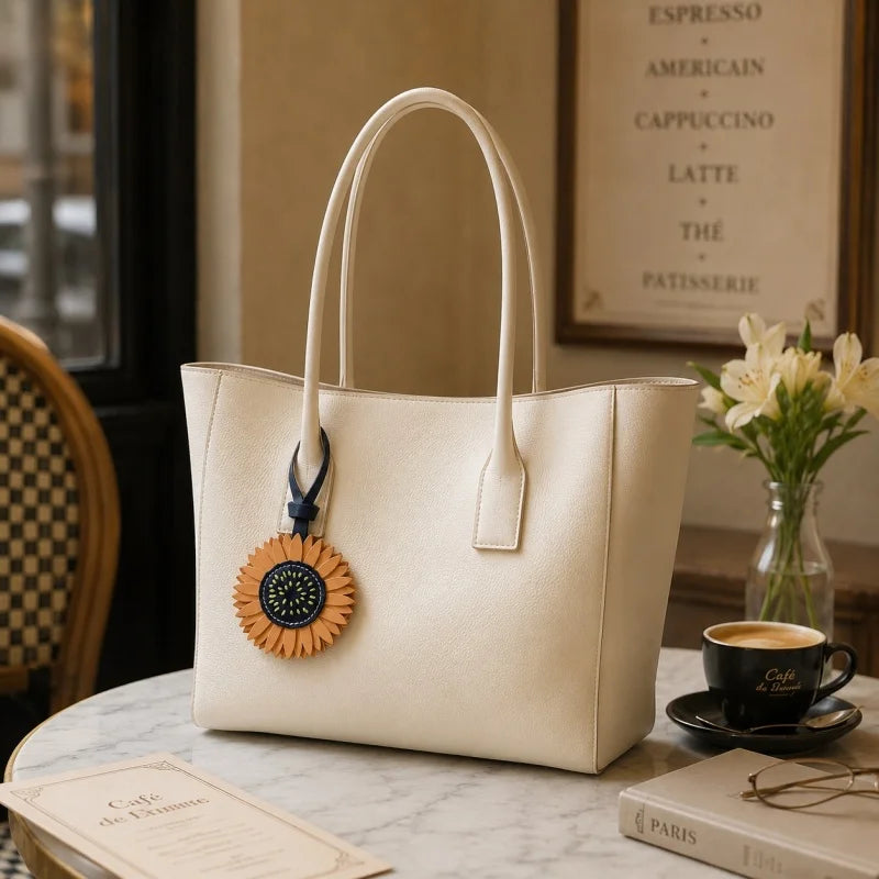 Sunflower Leather Bag Charm – Handmade Full-Grain Vegetable-Tanned Cowhide Pendant | Hand-Stitched Floral Keychain | Nature-Inspired Accessory for Handbags