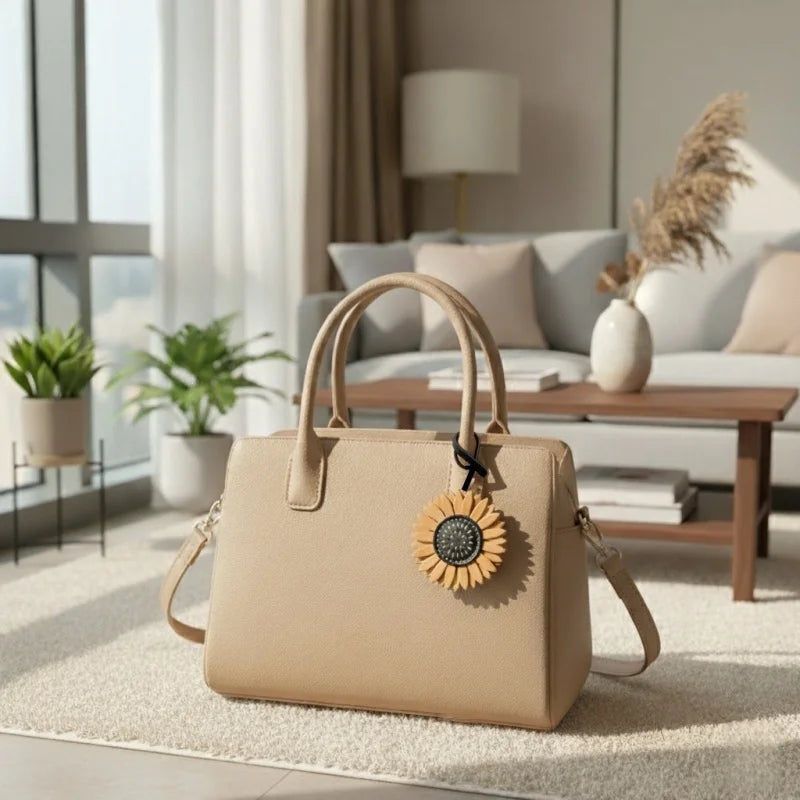 Sunflower Leather Bag Charm – Handmade Full-Grain Vegetable-Tanned Cowhide Pendant | Hand-Stitched Floral Keychain | Nature-Inspired Accessory for Handbags