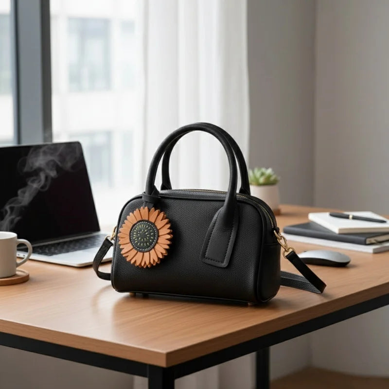 Sunflower Leather Bag Charm – Handmade Full-Grain Vegetable-Tanned Cowhide Pendant | Hand-Stitched Floral Keychain | Nature-Inspired Accessory for Handbags