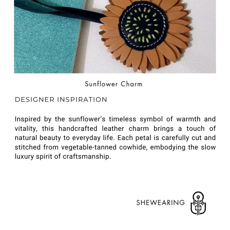 Sunflower Leather Bag Charm – Handmade Full-Grain Vegetable-Tanned Cowhide Pendant | Hand-Stitched Floral Keychain | Nature-Inspired Accessory for Handbags