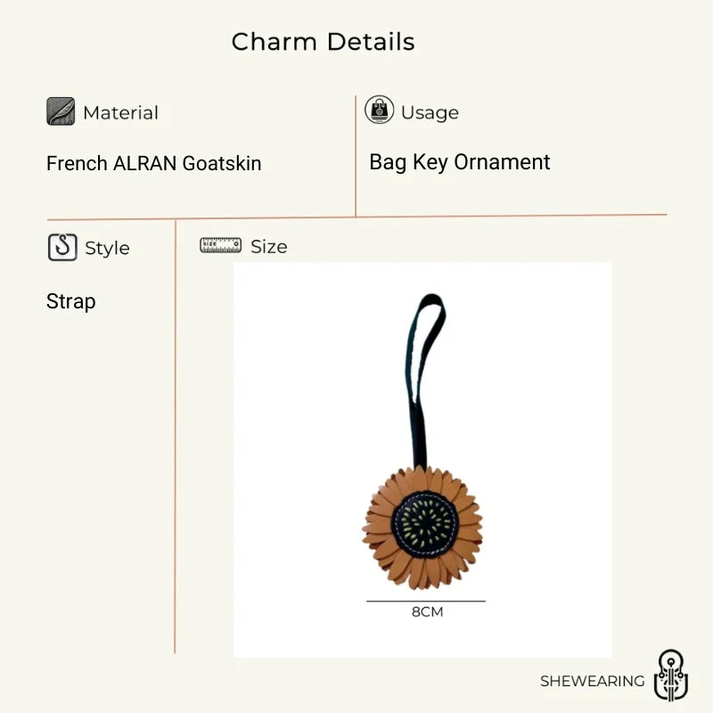 Sunflower Leather Bag Charm – Handmade Full-Grain Vegetable-Tanned Cowhide Pendant | Hand-Stitched Floral Keychain | Nature-Inspired Accessory for Handbags