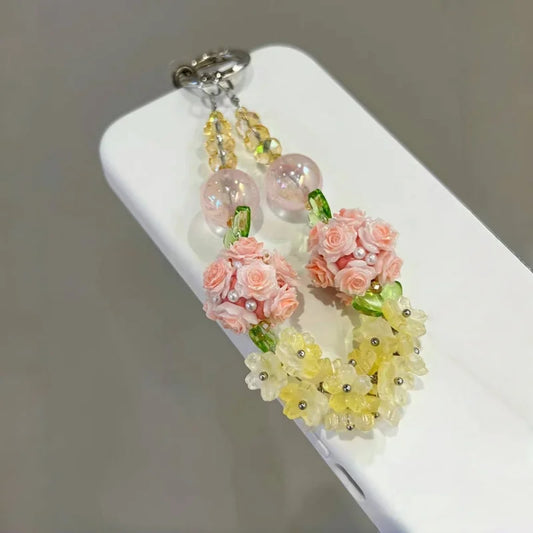 Blooming Rose & Crystal Flower Phone Charm – Convertible Bag Pendant | Handmade Luminous Beaded Accessory | Romantic Light-Up Charm in Yellow & Pink