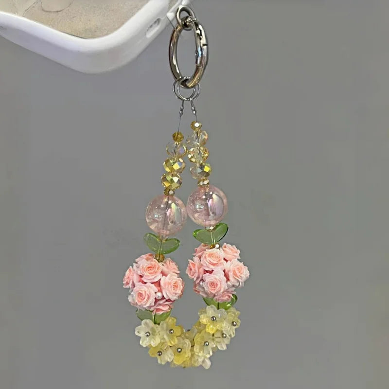 Blooming Rose & Crystal Flower Phone Charm – Convertible Bag Pendant | Handmade Luminous Beaded Accessory | Romantic Light-Up Charm in Yellow & Pink
