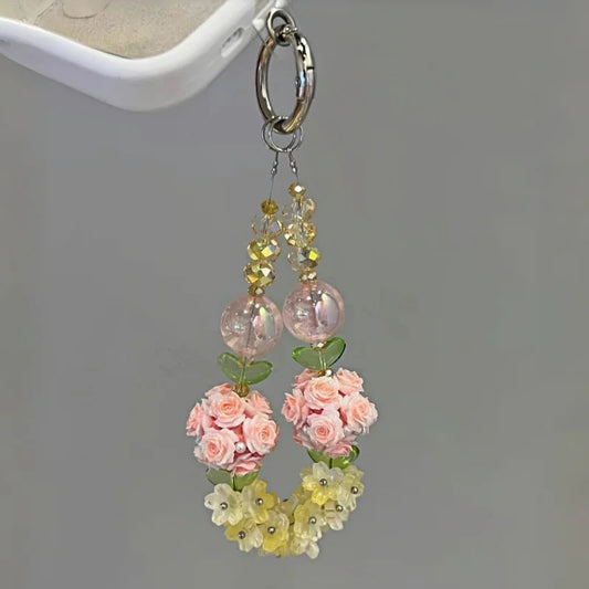Blooming Rose & Crystal Flower Phone Charm – Convertible Bag Pendant | Handmade Luminous Beaded Accessory | Romantic Light-Up Charm in Yellow & Pink