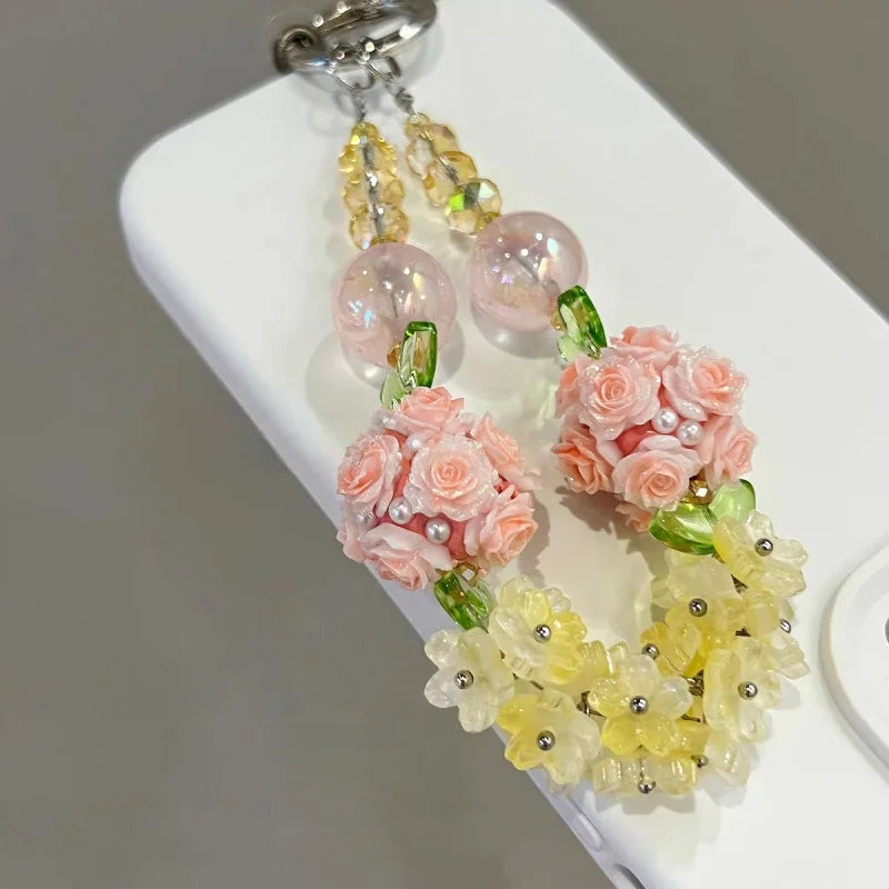 Blooming Rose & Crystal Flower Phone Charm – Convertible Bag Pendant | Handmade Luminous Beaded Accessory | Romantic Light-Up Charm in Yellow & Pink