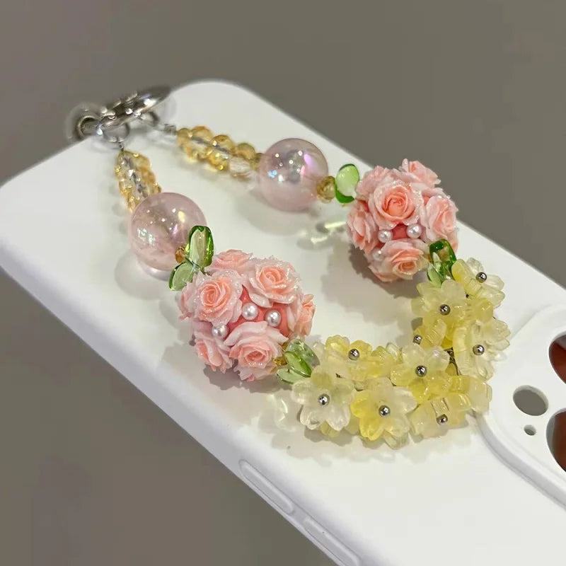 Blooming Rose & Crystal Flower Phone Charm – Convertible Bag Pendant | Handmade Luminous Beaded Accessory | Romantic Light-Up Charm in Yellow & Pink