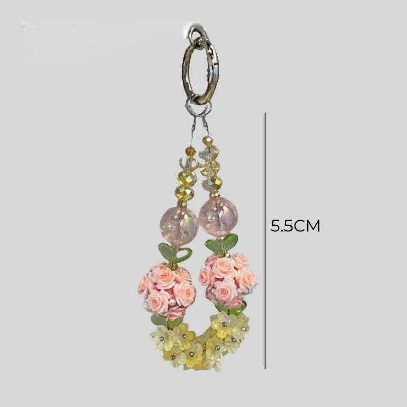 Blooming Rose & Crystal Flower Phone Charm – Convertible Bag Pendant | Handmade Luminous Beaded Accessory | Romantic Light-Up Charm in Yellow & Pink