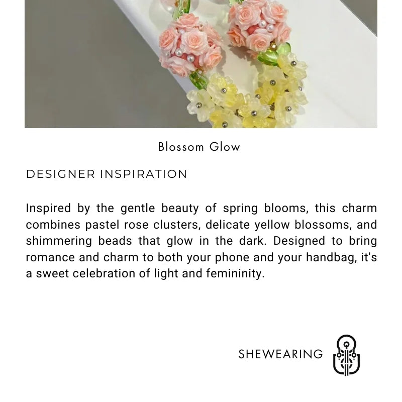 Blooming Rose & Crystal Flower Phone Charm – Convertible Bag Pendant | Handmade Luminous Beaded Accessory | Romantic Light-Up Charm in Yellow & Pink