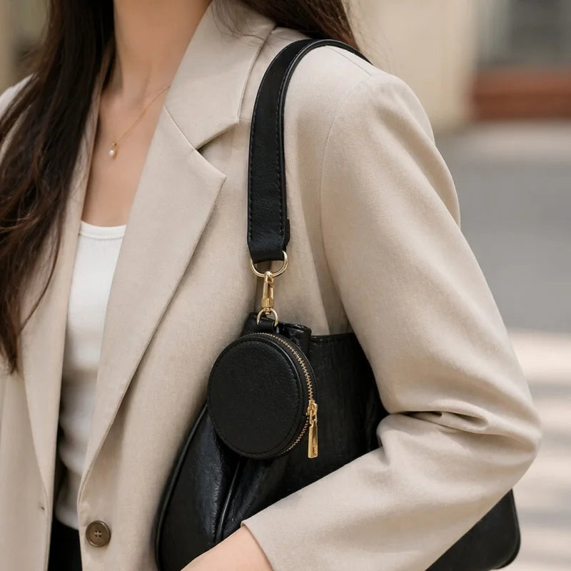Mini bolso redondo de piel auténtica – Monedero circular de lujo y porta pintalabios | Accesorio elegante para bolsos y bandoleras