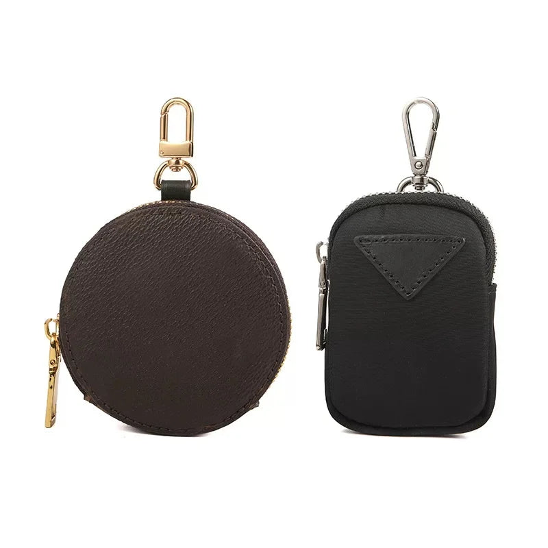 Genuine Leather Round Mini Bag Charm – Luxury Circle Coin Purse & Lipstick Holder | Elegant Accessory for Handbags & Crossbody Straps