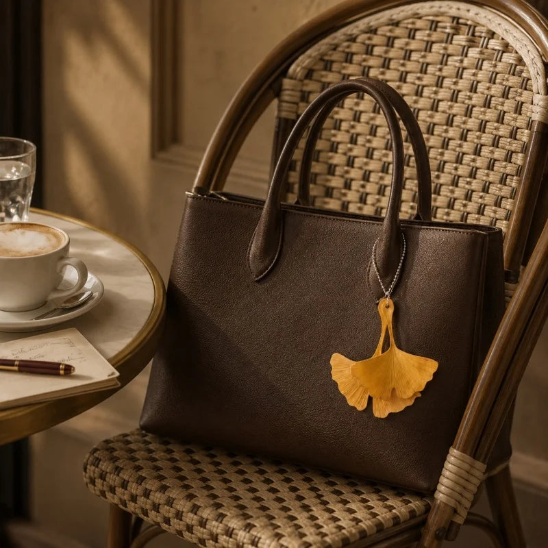 Colgante de hoja de ginkgo de cuero – Colgante tallado a mano de estilo natural | Accesorio artesanal para mochila y bolso de mano | Regalo elegante para ella